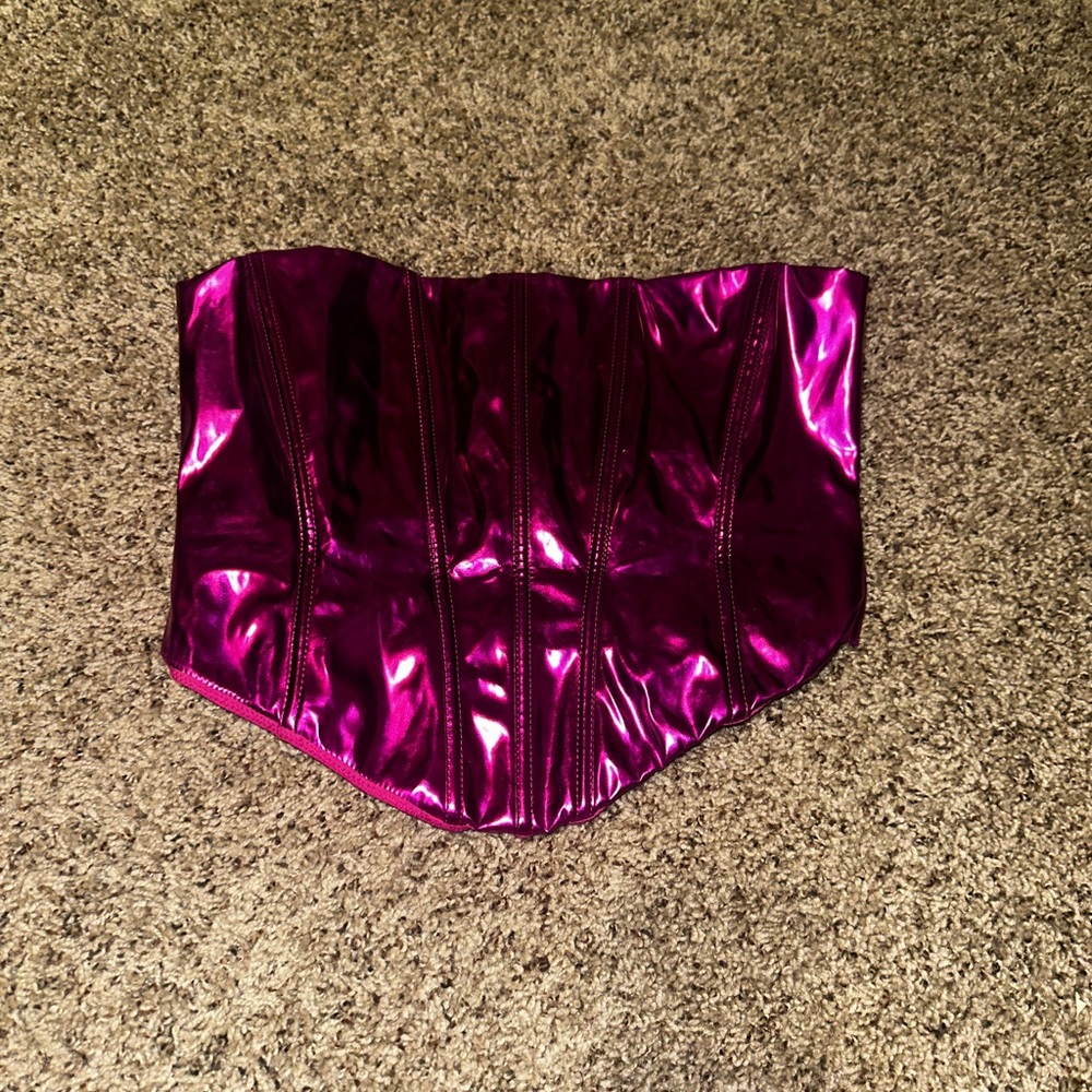 White fox pink metallic leather corset top